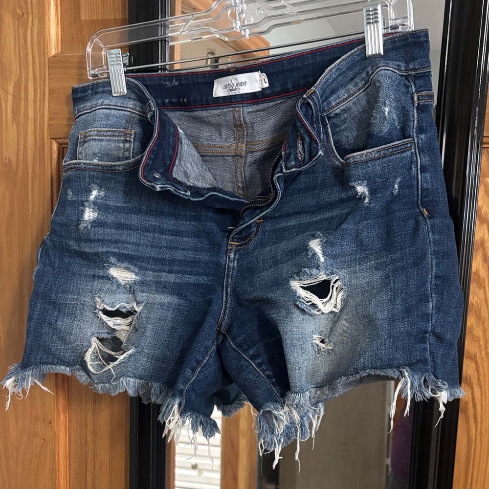 Carly Jean Dark Blue Distressed Jean Shorts